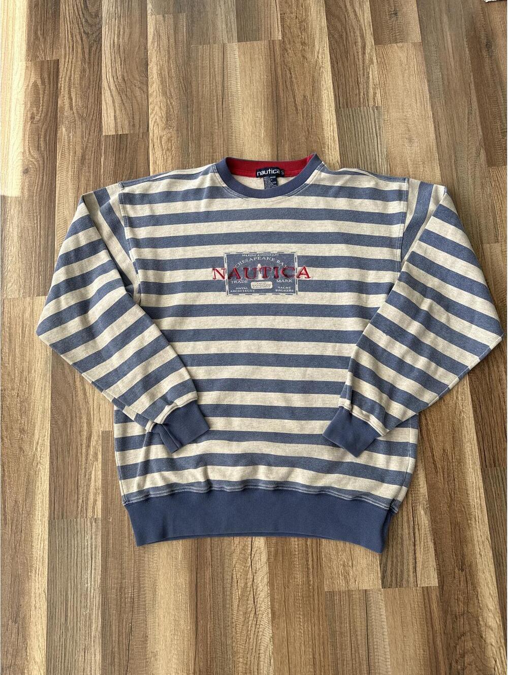 Vintage Nautica Striped Blue/Beige Crewneck Sweatshirt Coastal Grandpa L